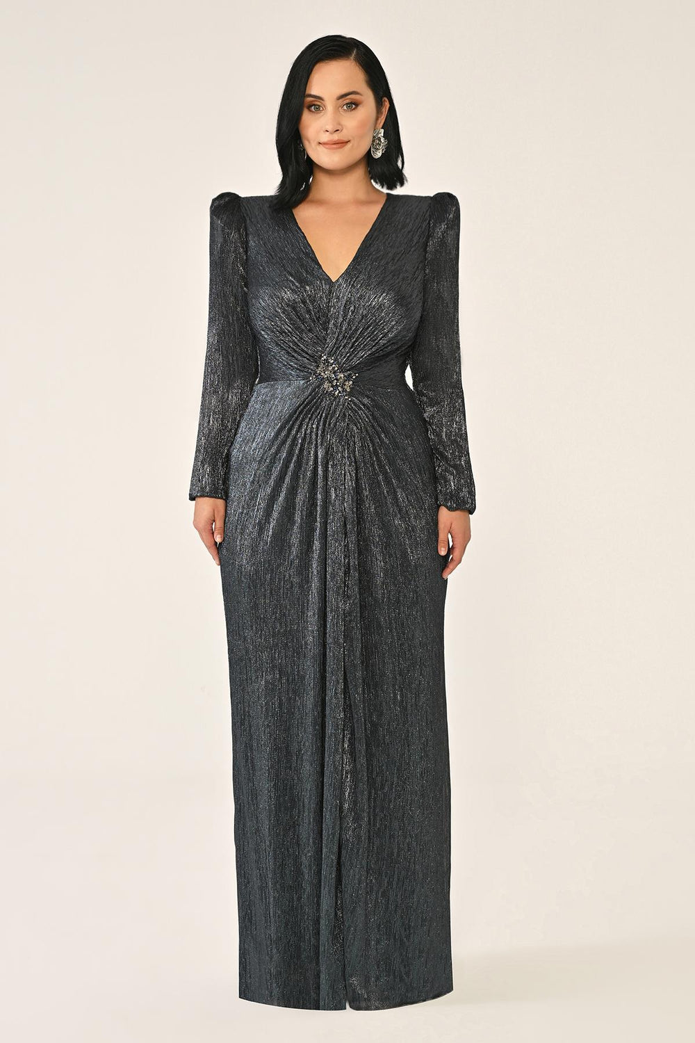 Long-Sleeved Padded Brooch Embellished Shiny Chiffon Maxi Dress