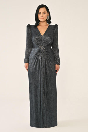 Long-Sleeved Padded Brooch Embellished Shiny Chiffon Maxi Dress