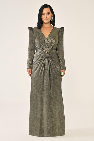 Long-Sleeved Padded Brooch Embellished Shiny Chiffon Maxi Dress