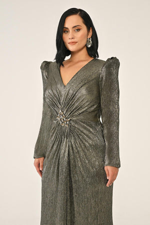 Long-Sleeved Padded Brooch Embellished Shiny Chiffon Maxi Dress