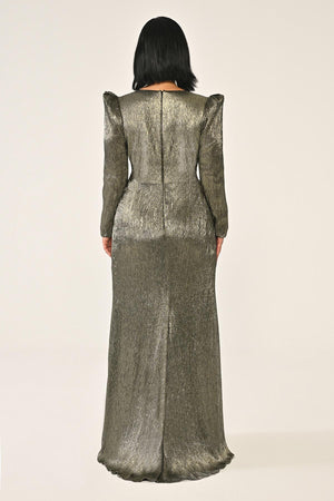 Long-Sleeved Padded Brooch Embellished Shiny Chiffon Maxi Dress