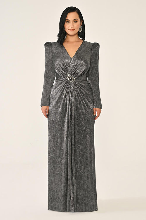 Long-Sleeved Padded Brooch Embellished Shiny Chiffon Maxi Dress
