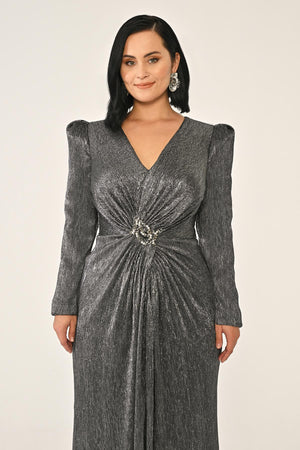 Long-Sleeved Padded Brooch Embellished Shiny Chiffon Maxi Dress