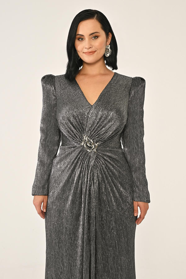 Long-Sleeved Padded Brooch Embellished Shiny Chiffon Maxi Dress