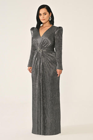 Long-Sleeved Padded Brooch Embellished Shiny Chiffon Maxi Dress