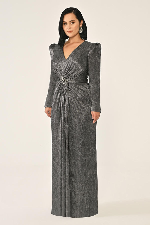 Long-Sleeved Padded Brooch Embellished Shiny Chiffon Maxi Dress