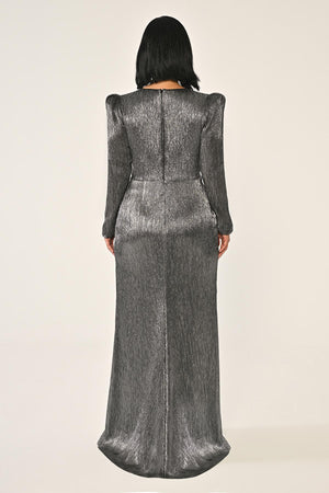 Long-Sleeved Padded Brooch Embellished Shiny Chiffon Maxi Dress