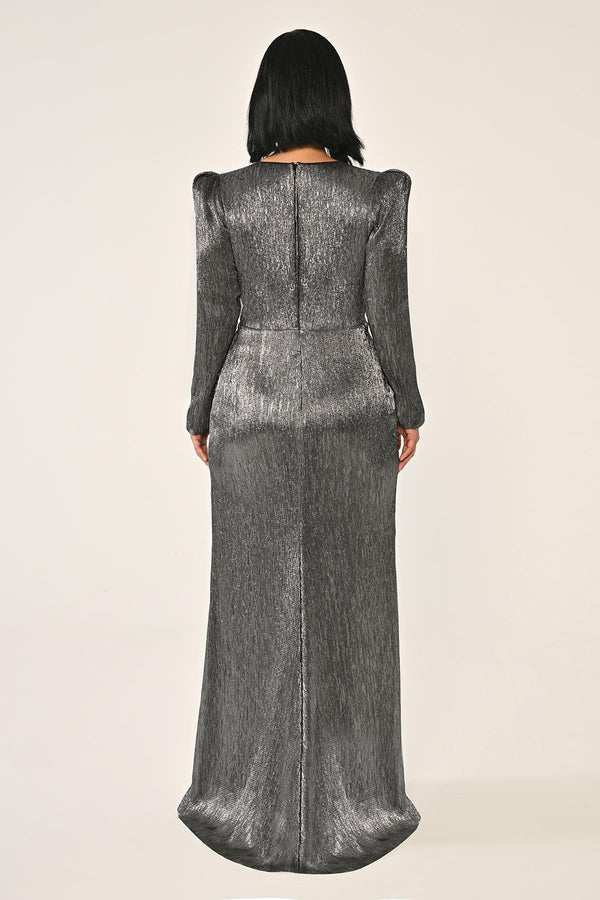 Long-Sleeved Padded Brooch Embellished Shiny Chiffon Maxi Dress