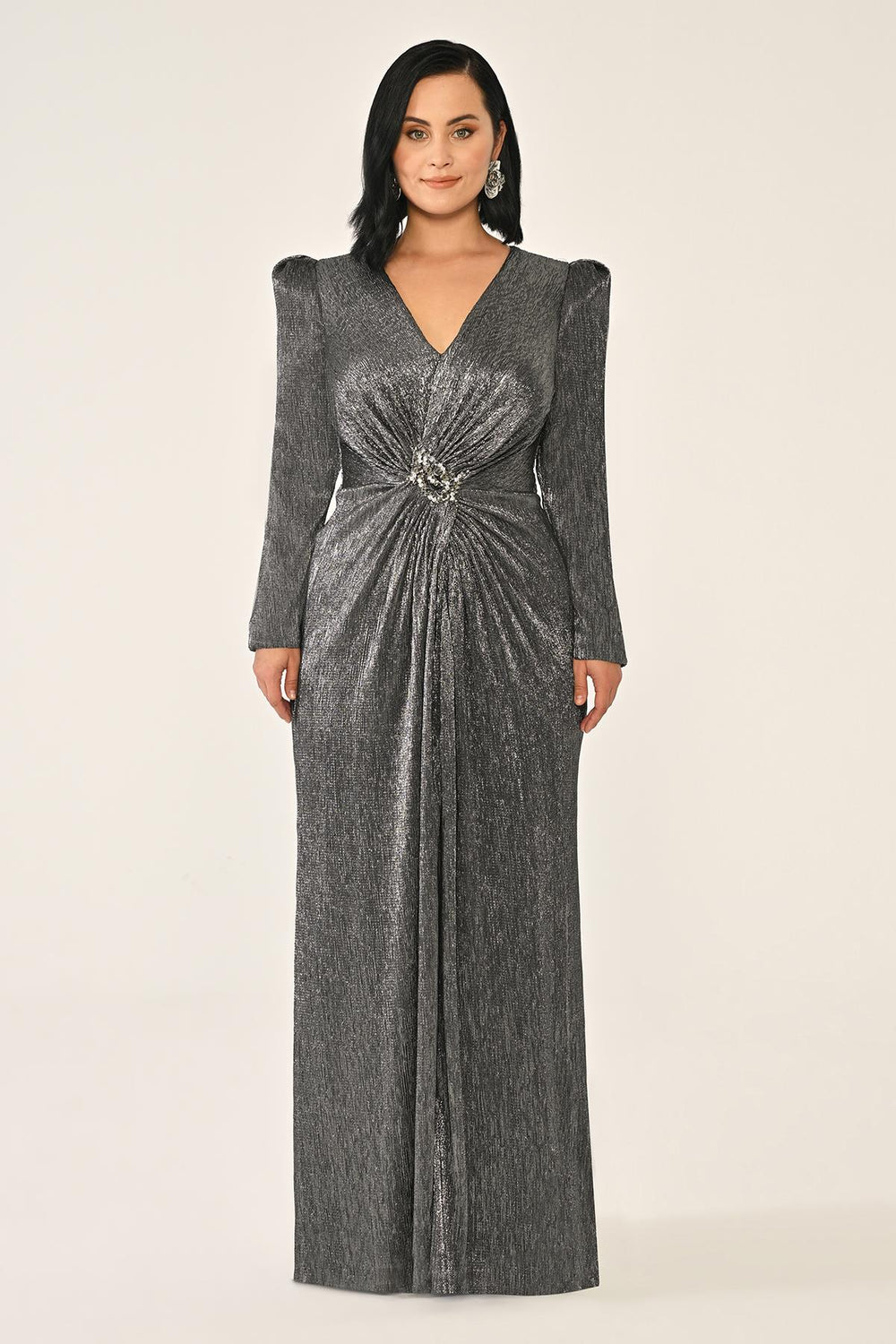 Long-Sleeved Padded Brooch Embellished Shiny Chiffon Maxi Dress
