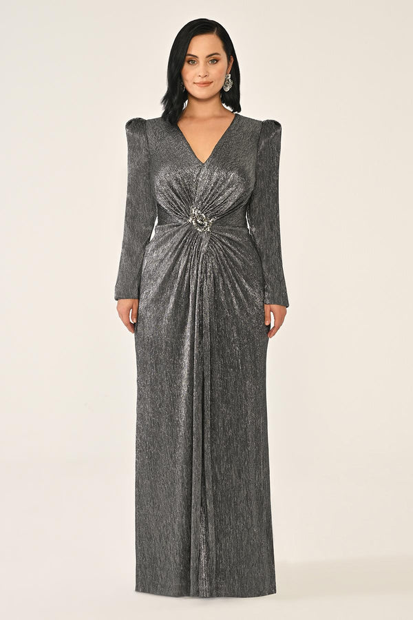 Long-Sleeved Padded Brooch Embellished Shiny Chiffon Maxi Dress