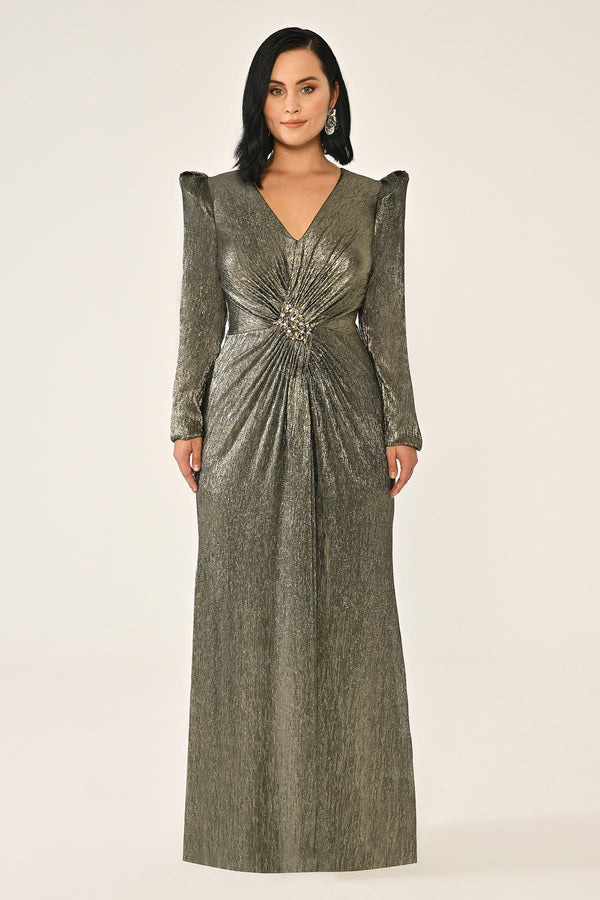Long-Sleeved Padded Brooch Embellished Shiny Chiffon Maxi Dress
