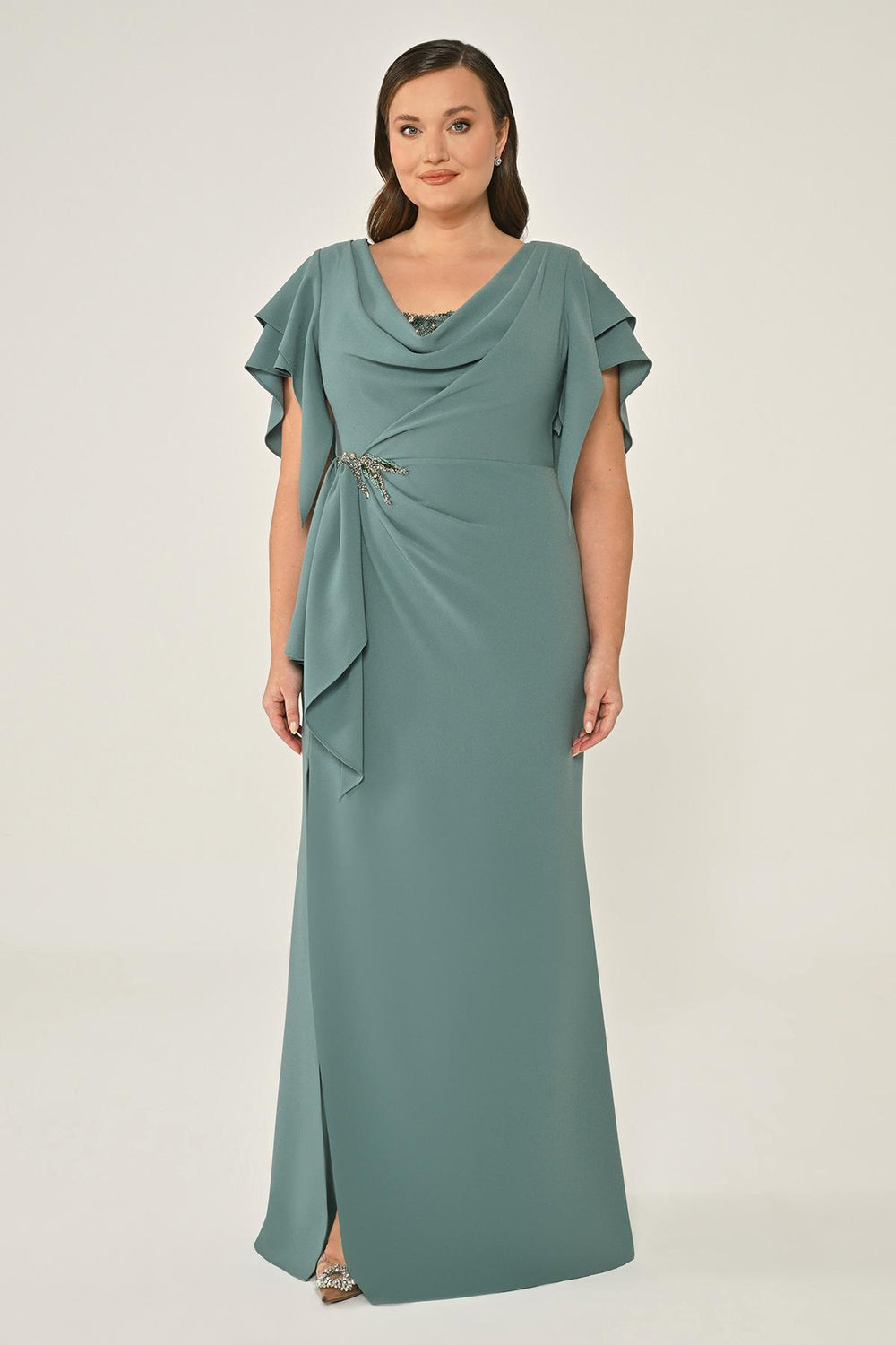 Cowl Neck Crepe Long Dress with Gathered Waist and Accessories