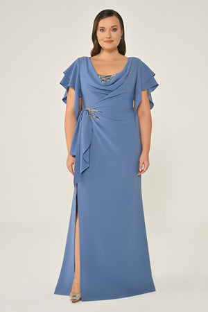 Draped-Neck Crepe Maxi Dress with Embellished Ruched Waist