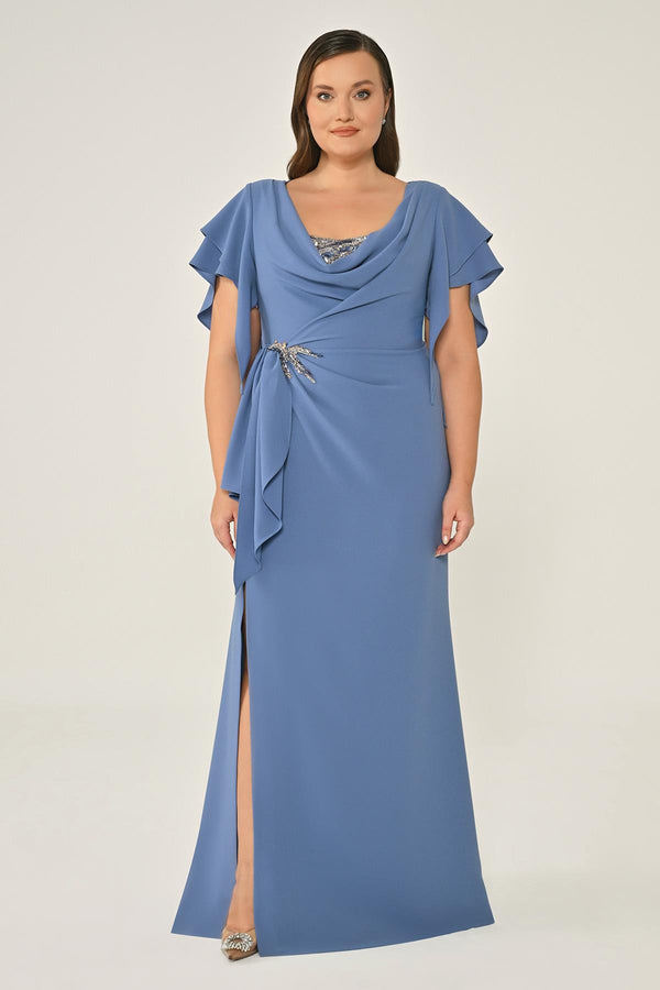 Draped-Neck Crepe Maxi Dress with Embellished Ruched Waist