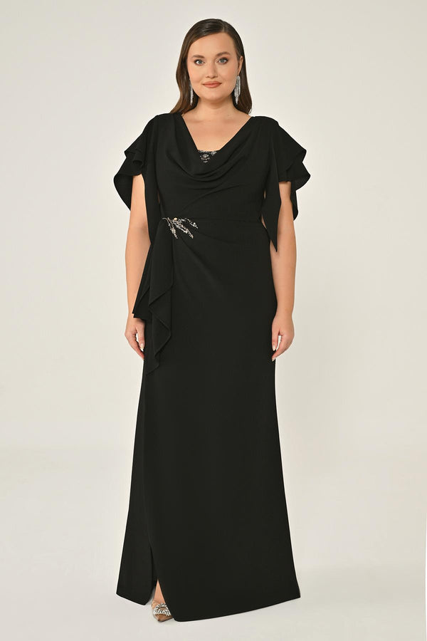 Draped-Neck Crepe Maxi Dress with Embellished Ruched Waist