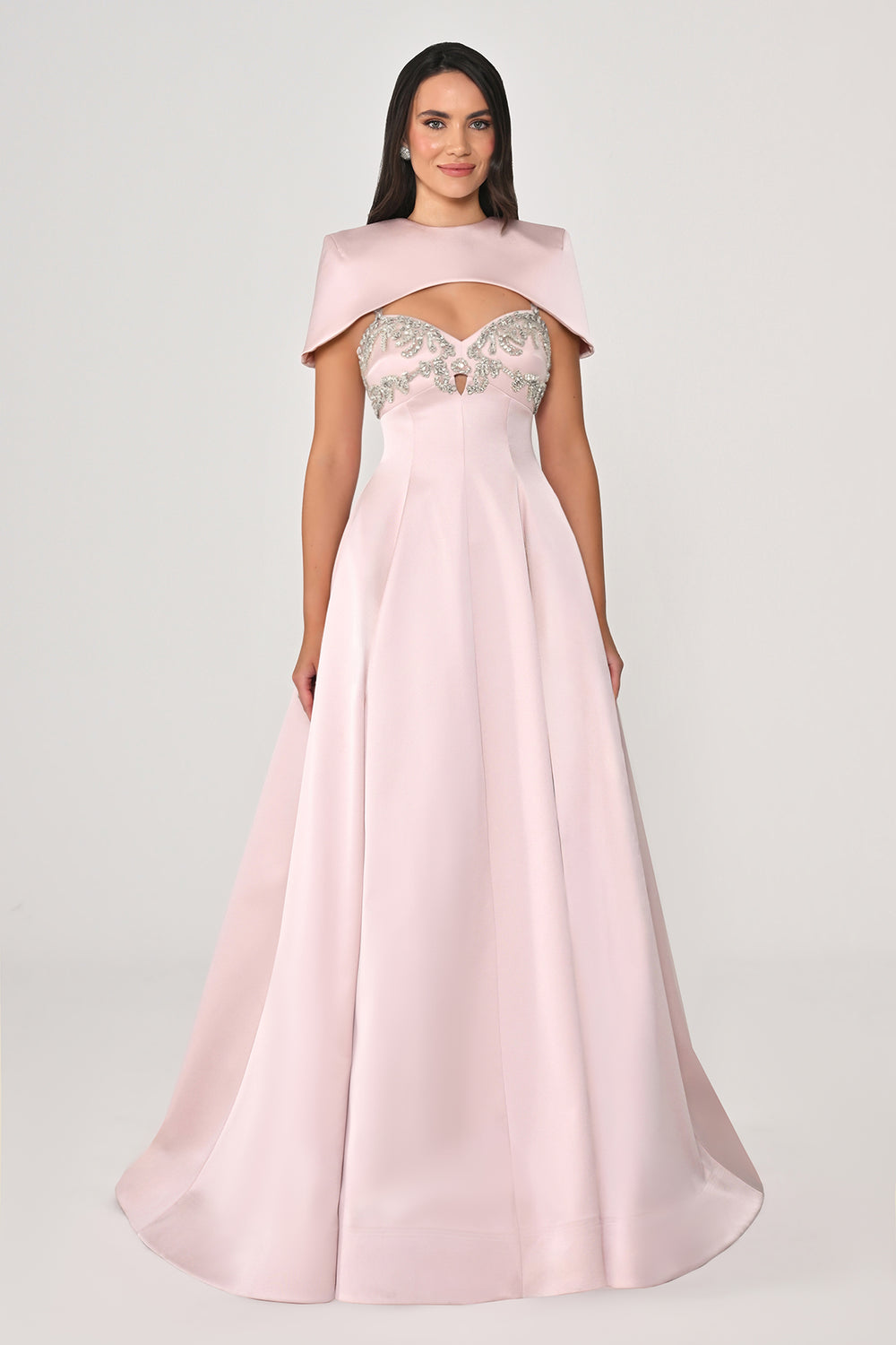 Long Dress with Strap Bolero, Stone Embellishment, and Shimmery Fabric