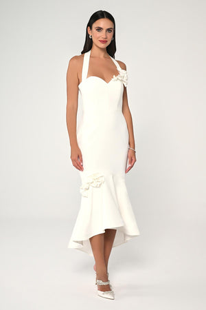 Midi Dress with Straps, Heart Bust, and Floral Accessories