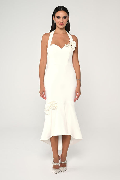 Midi Dress with Straps, Heart Bust, and Floral Accessories