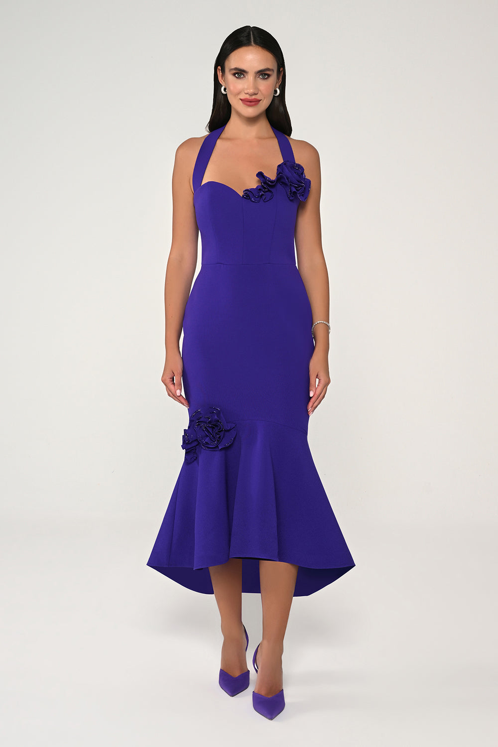 Midi Dress with Straps, Heart Bust, and Floral Accessories