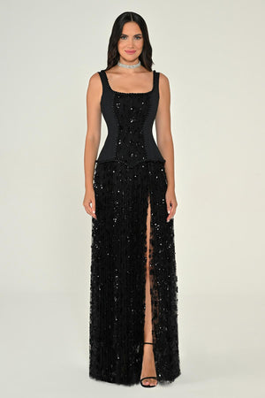 Sequin Long Dress with Front Slit and Straps