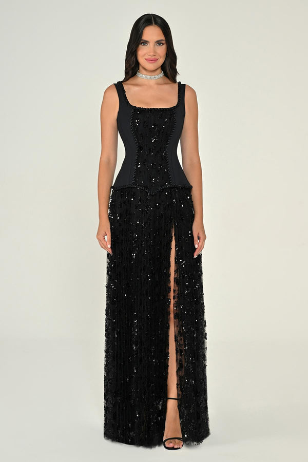 Sequin Long Dress with Front Slit and Straps