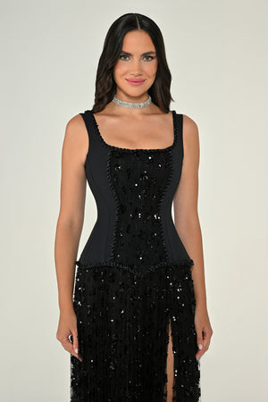 Sequin Long Dress with Front Slit and Straps