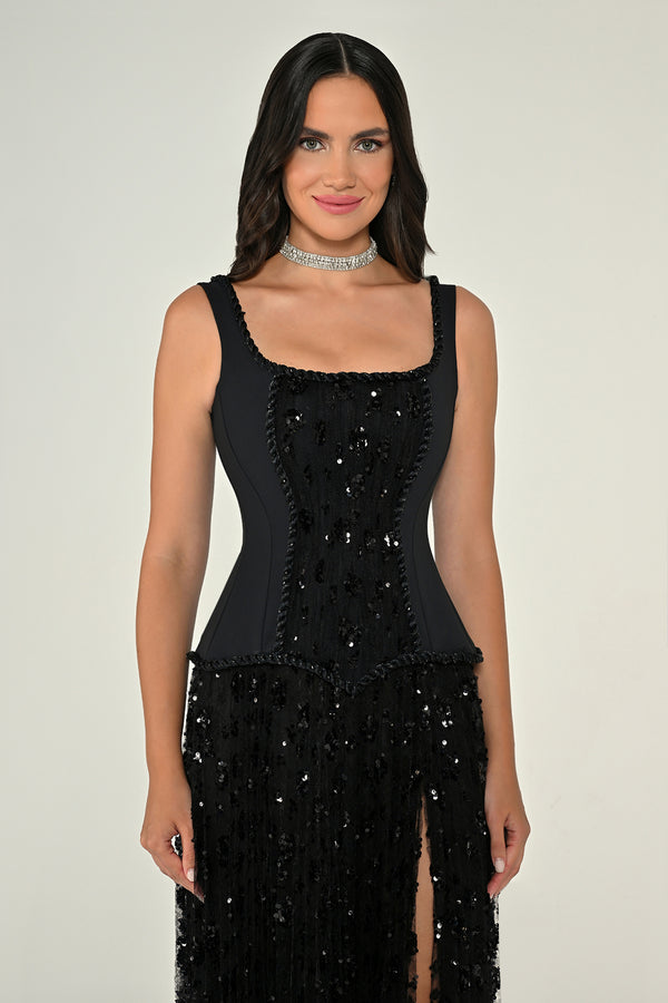 Sequin Long Dress with Front Slit and Straps
