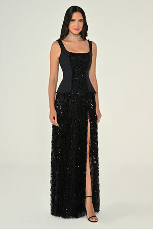 Sequin Long Dress with Front Slit and Straps
