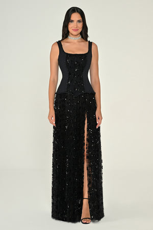 Sequin Long Dress with Front Slit and Straps