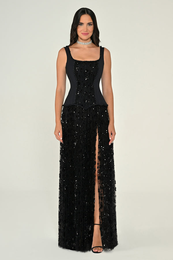 Sequin Long Dress with Front Slit and Straps