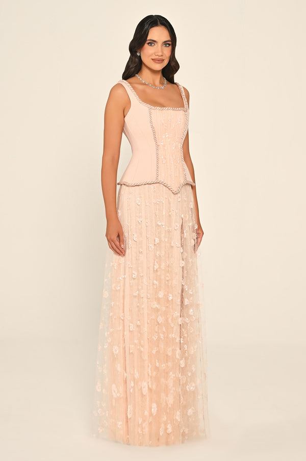 Sequin Long Dress with Front Slit and Straps