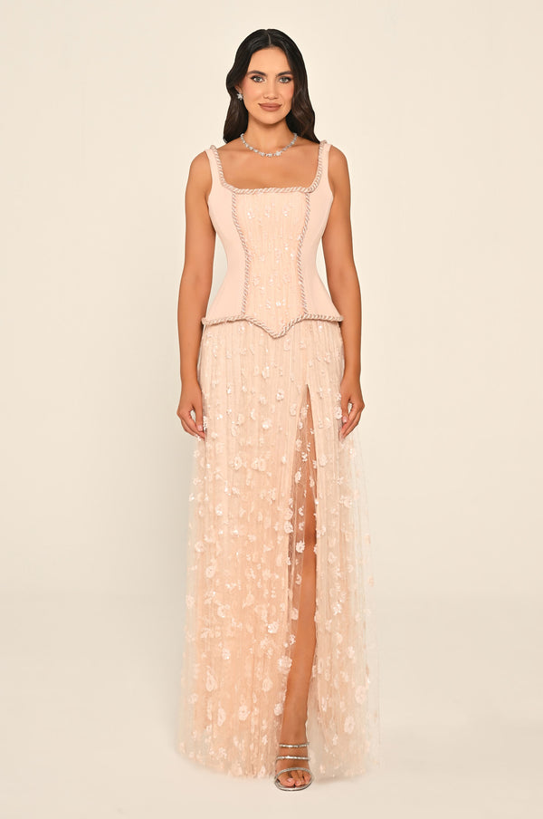 Sequin Long Dress with Front Slit and Straps