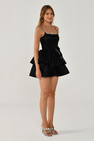 Strappy Taffeta Short Dress with Stone Ribbon Trim and Bow
