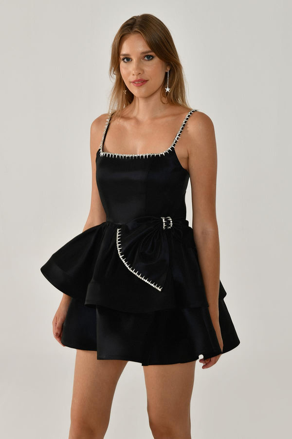 Strappy Taffeta Short Dress with Stone Ribbon Trim and Bow
