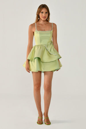 Strappy Taffeta Short Dress with Stone Ribbon Trim and Bow