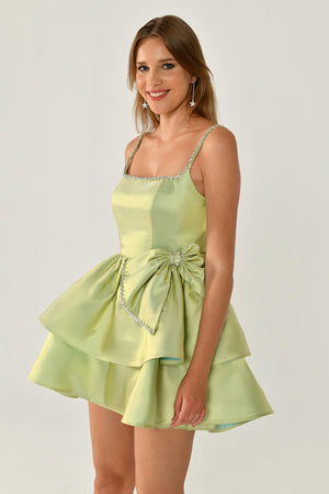 Strappy Taffeta Short Dress with Stone Ribbon Trim and Bow