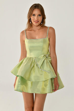 Strappy Taffeta Short Dress with Stone Ribbon Trim and Bow
