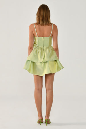 Strappy Taffeta Short Dress with Stone Ribbon Trim and Bow