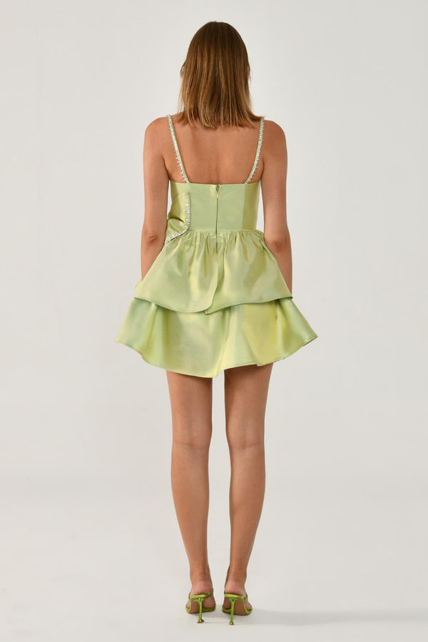 Strappy Taffeta Short Dress with Stone Ribbon Trim and Bow