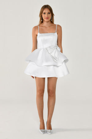 Strappy Taffeta Short Dress with Stone Ribbon Trim and Bow