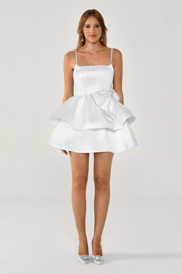 Strappy Taffeta Short Dress with Stone Ribbon Trim and Bow
