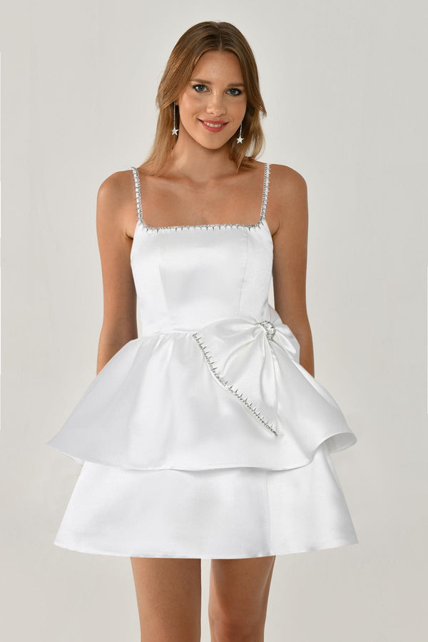 Strappy Taffeta Short Dress with Stone Ribbon Trim and Bow