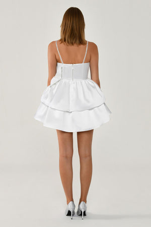 Strappy Taffeta Short Dress with Stone Ribbon Trim and Bow