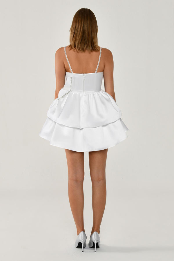 Strappy Taffeta Short Dress with Stone Ribbon Trim and Bow