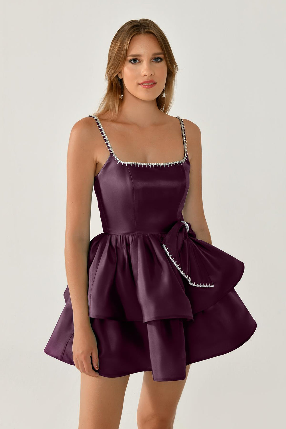 Strappy Taffeta Mini Dress with Rhinestone Accents and Bow Detail