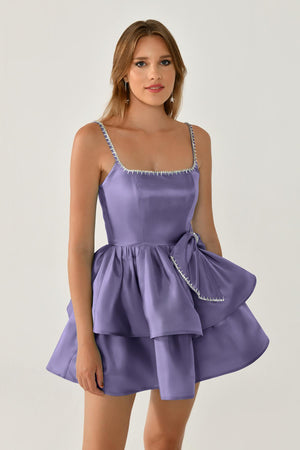 Strappy Taffeta Short Dress with Stone Ribbon Trim and Bow