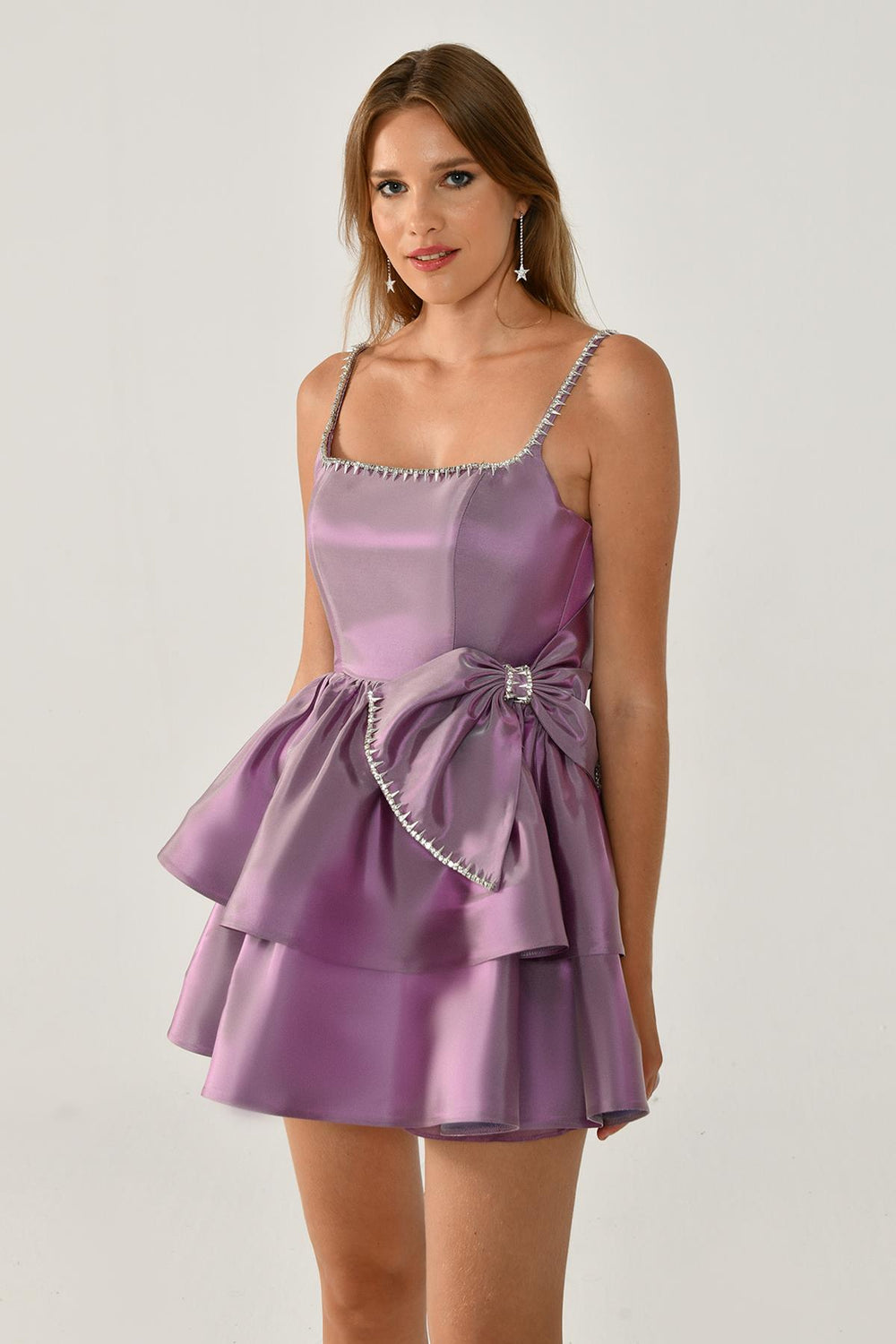 Strappy Taffeta Mini Dress with Rhinestone Accents and Bow Detail