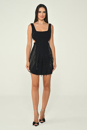 Strappy Rhinestone Fringed Crepe Mini Dress