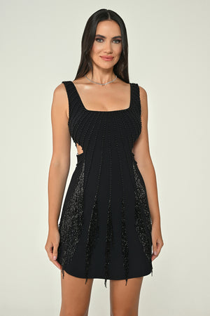 Strappy Rhinestone Fringed Crepe Mini Dress
