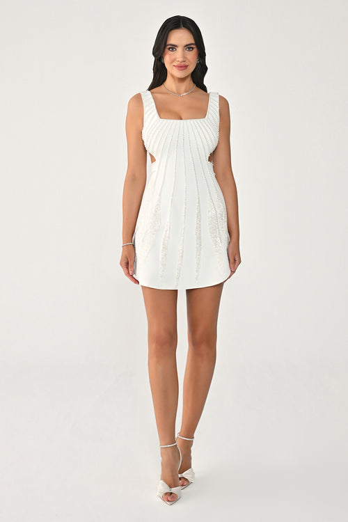 Strappy Rhinestone Fringed Crepe Mini Dress